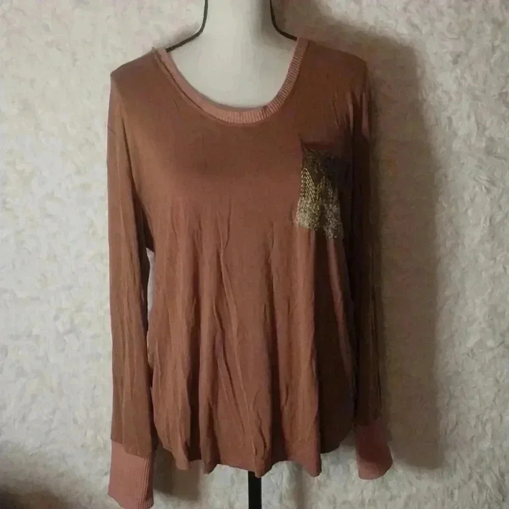 Brown and Tan French Terry Mixed Fabric Henley Top Size M